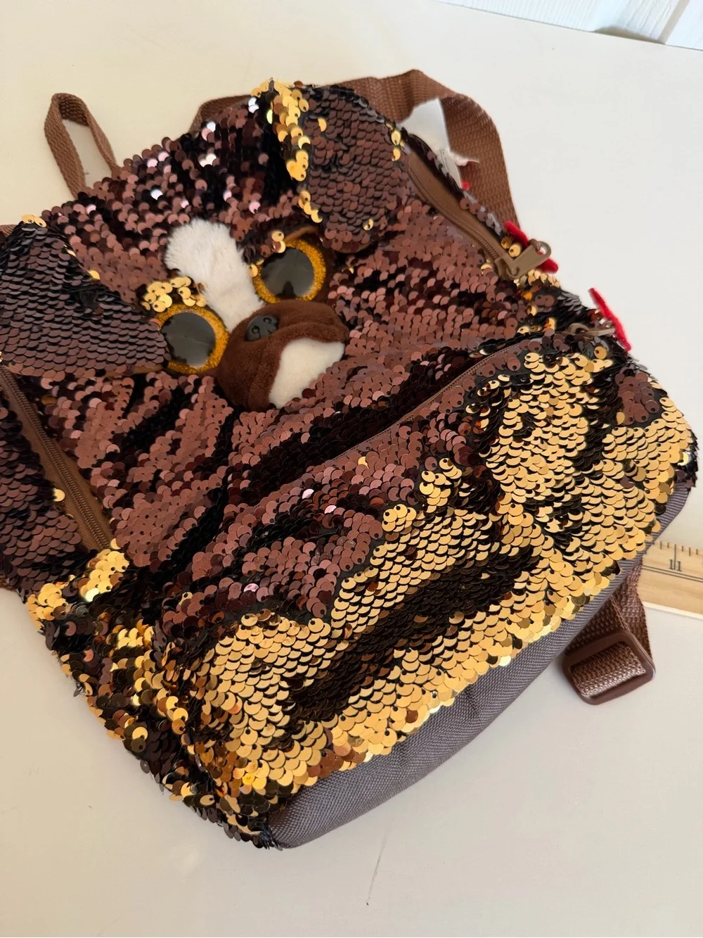 Ty Fashion Flippables backpack. Reversible brown & gold sequins. Brutus